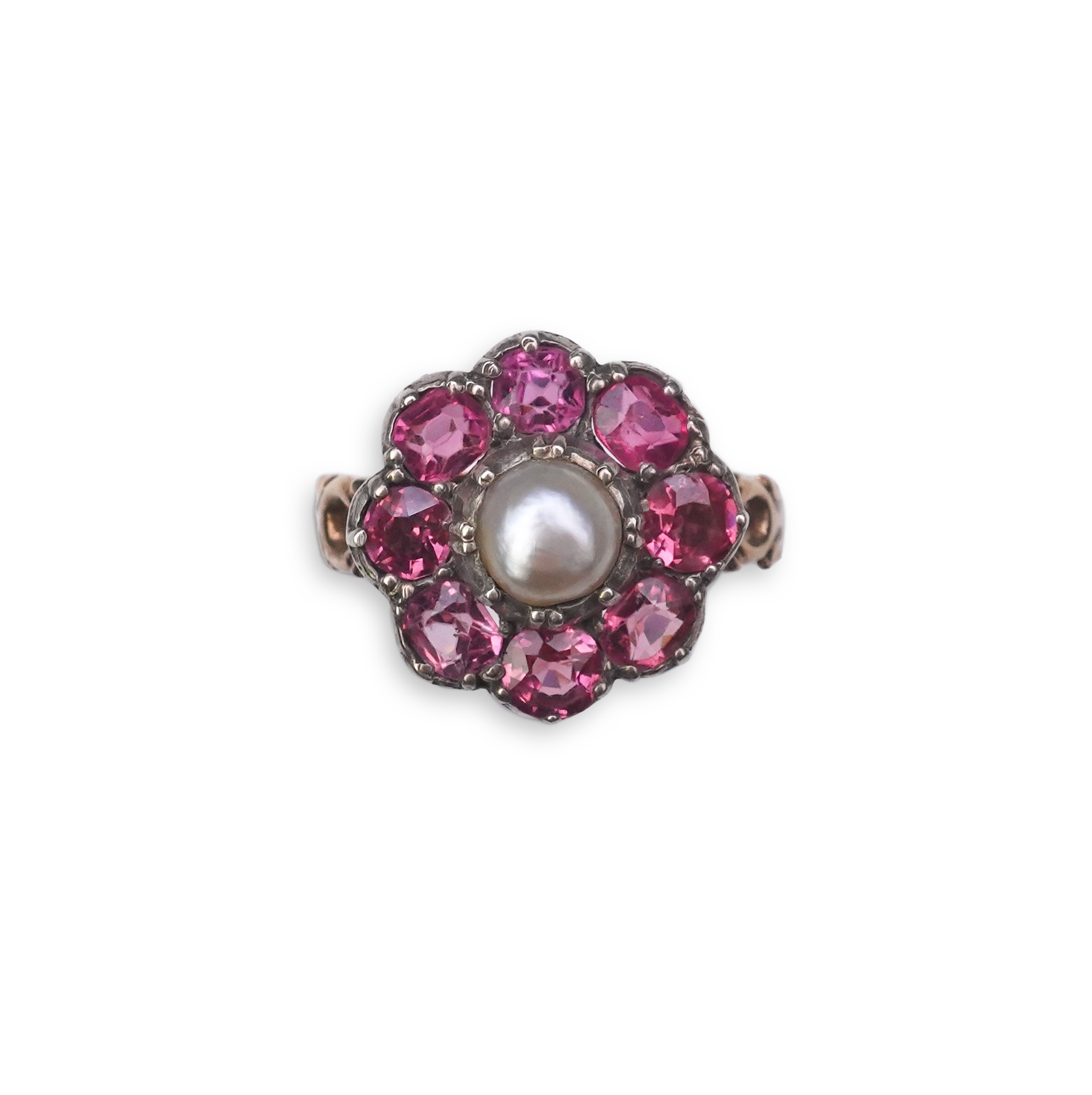 A pearl and pink tourmaline ring